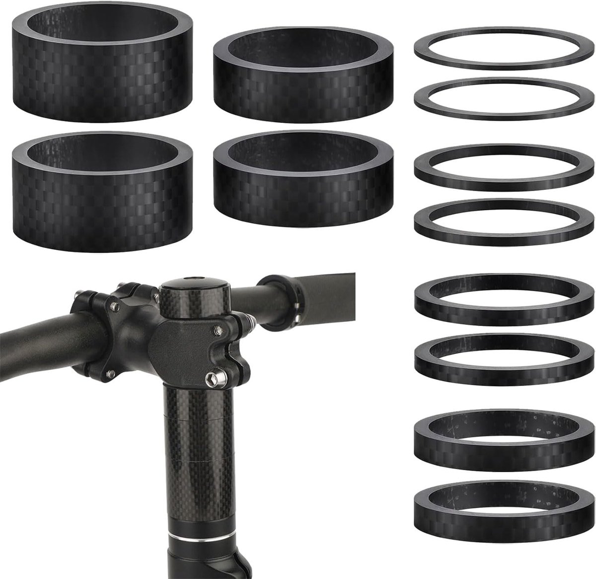 Fiets headset afstandhouders 12 stuks - Koolstofvezel - Verschillende maten - Voor nauwkeurige stuurhoogte - ShopVlot