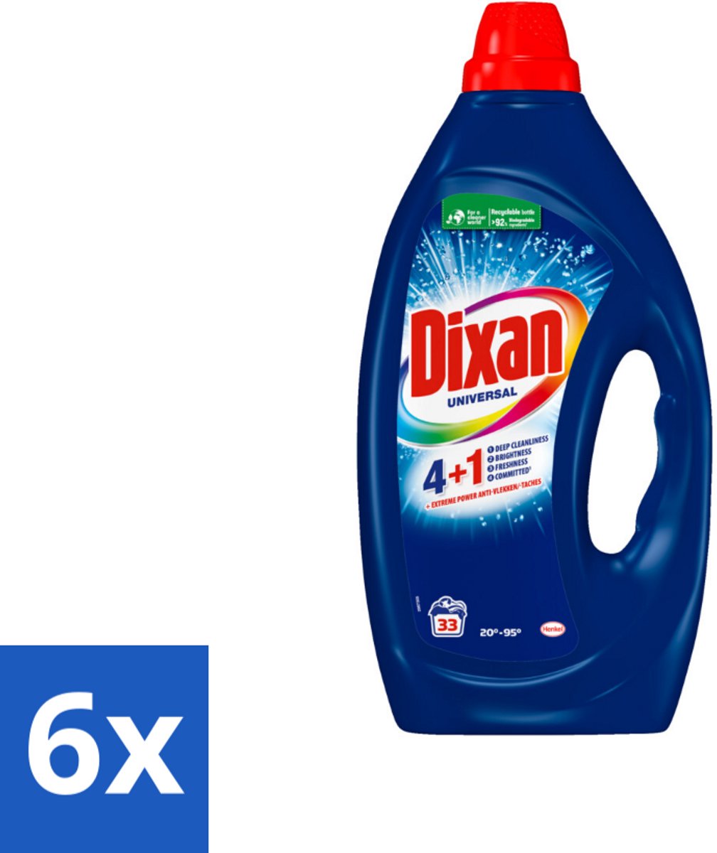 6 x Dixan - Vloeibaar wasmiddel - Universeel - 33 wasbeurten - Dixan - Wasmiddel - Vloeibaar Wasmiddel - Waskracht - Vlekken Verwijderen