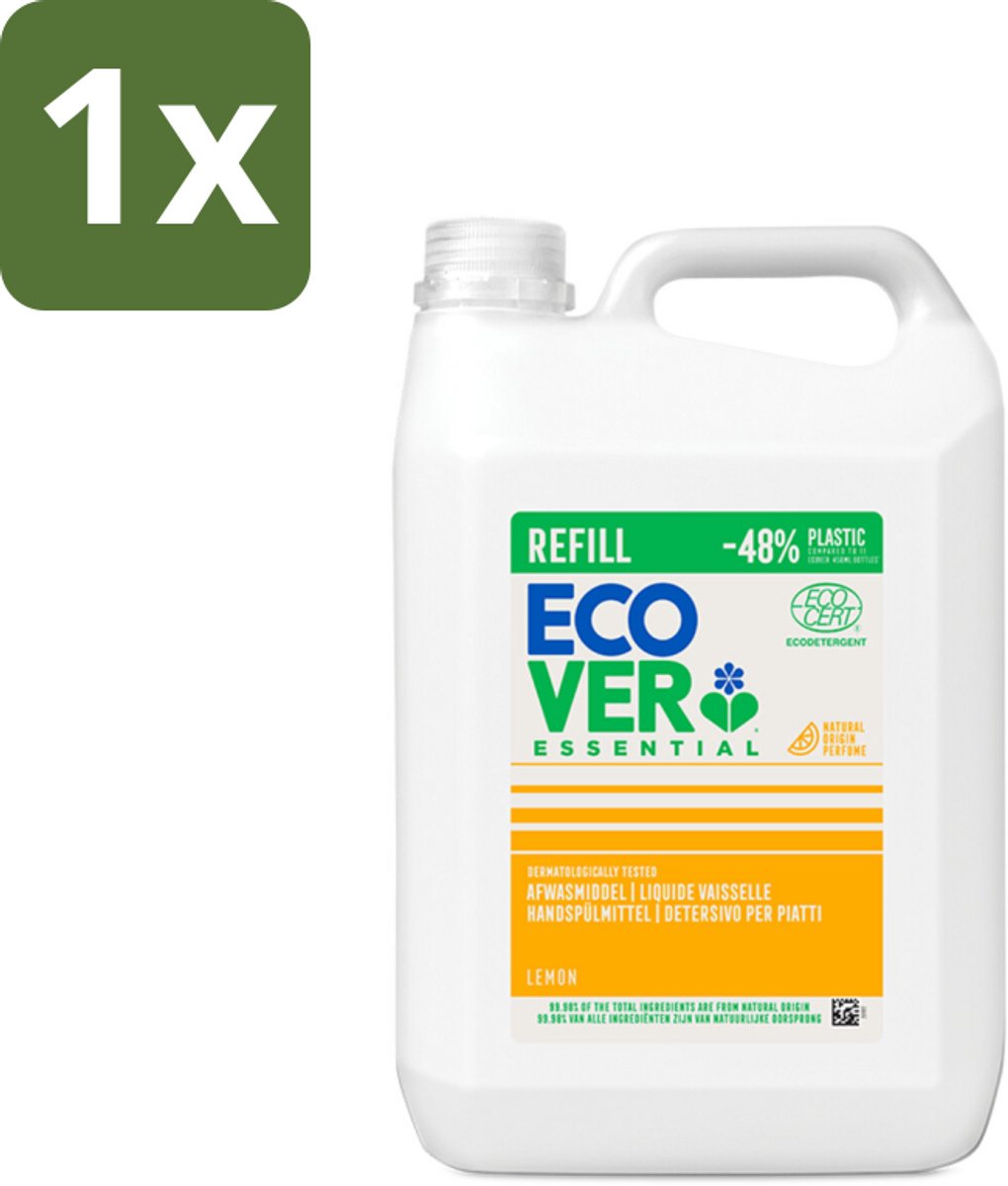 1 x Ecover - Afwasmiddel - Essential Citroen - 5 liter - Ecover Afwasmiddel - Afwasmiddel Citroen - Natuurlijk Afwasmiddel - Vetverwijderend Afwasmiddel - Milieuvriendelijk Afwasmiddel