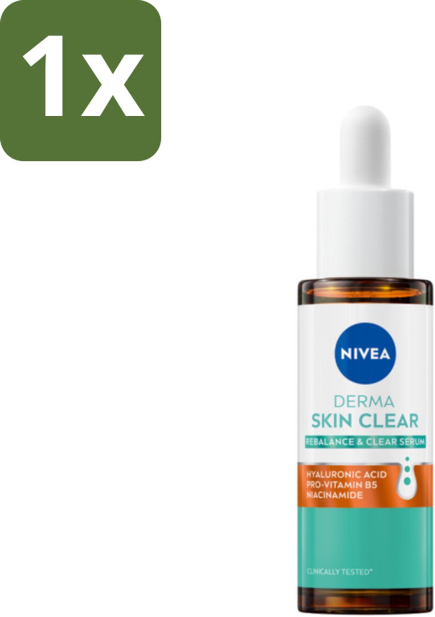 1 x Nivea - Derma - Skin Clear Serum - Zuiverend en Kalmerend - Met Hyaluronzuur en Niacinamide - 30 ml - Huidzuiverend Serum - Acne Serum - Gevoelige Huid - Poriën Verfijnen - Hyaluronzuur Serum