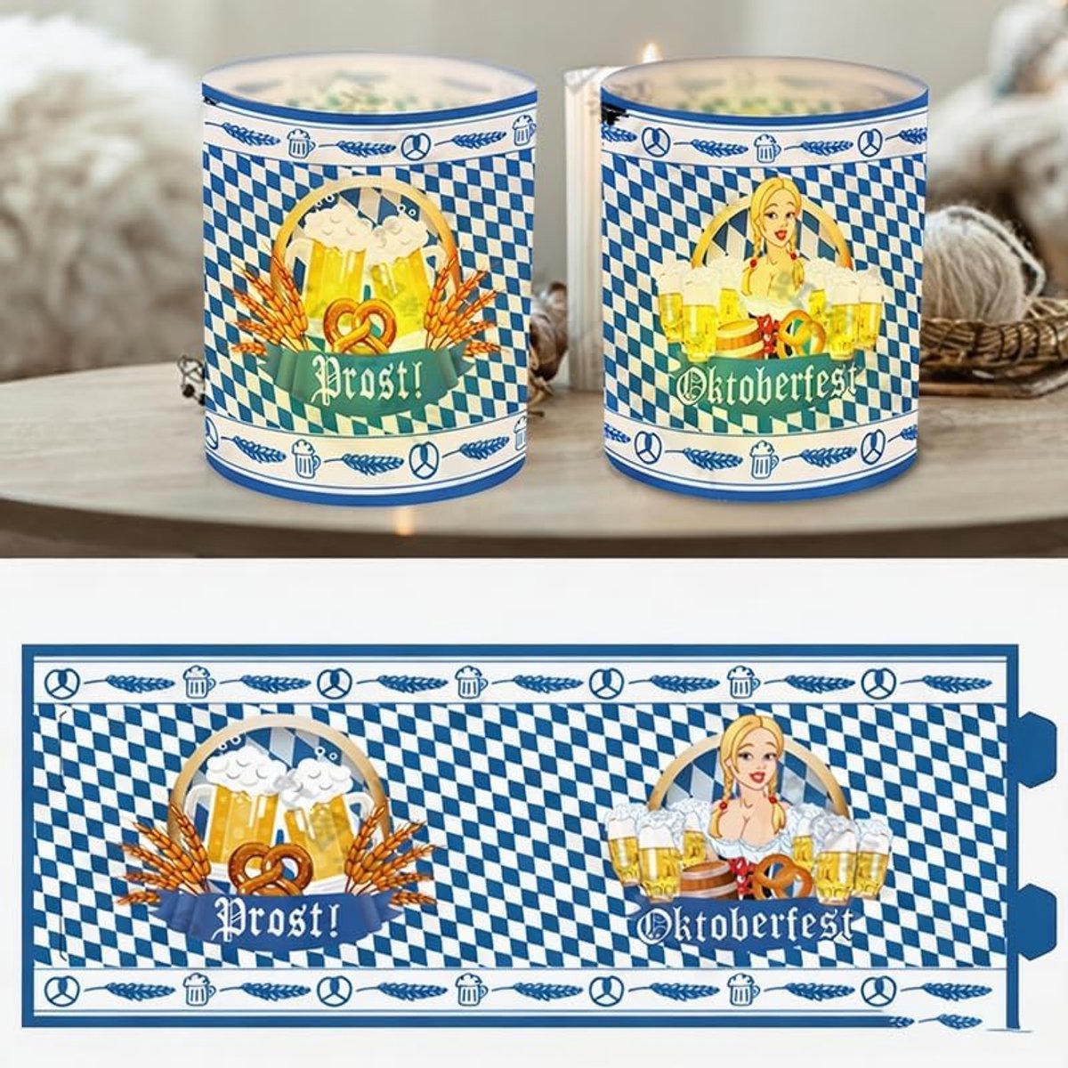 Oktoberfest decoratie windlichten - 12 transparante lampenkappen - blauw-wit ruitpatroon - feestelijke sfeer - ShopVlot