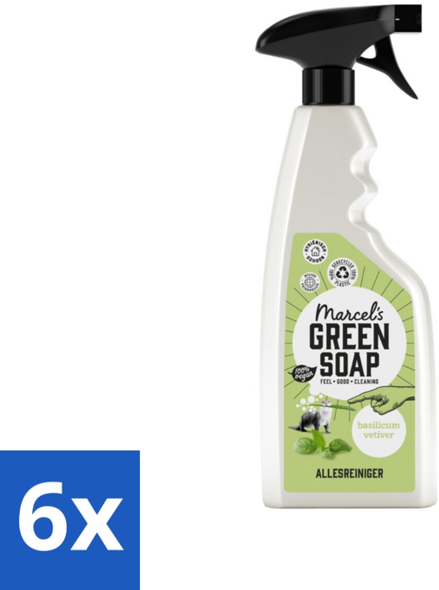 6 x Marcel's Green Soap - Allesreiniger Spray - Basilicum & Vetiver gras - Natuurlijk & effectief - 500 ml - Allesreiniger - Schoonmaakspray - Milieuvriendelijk - Biologisch Afbreekbaar - Vegan