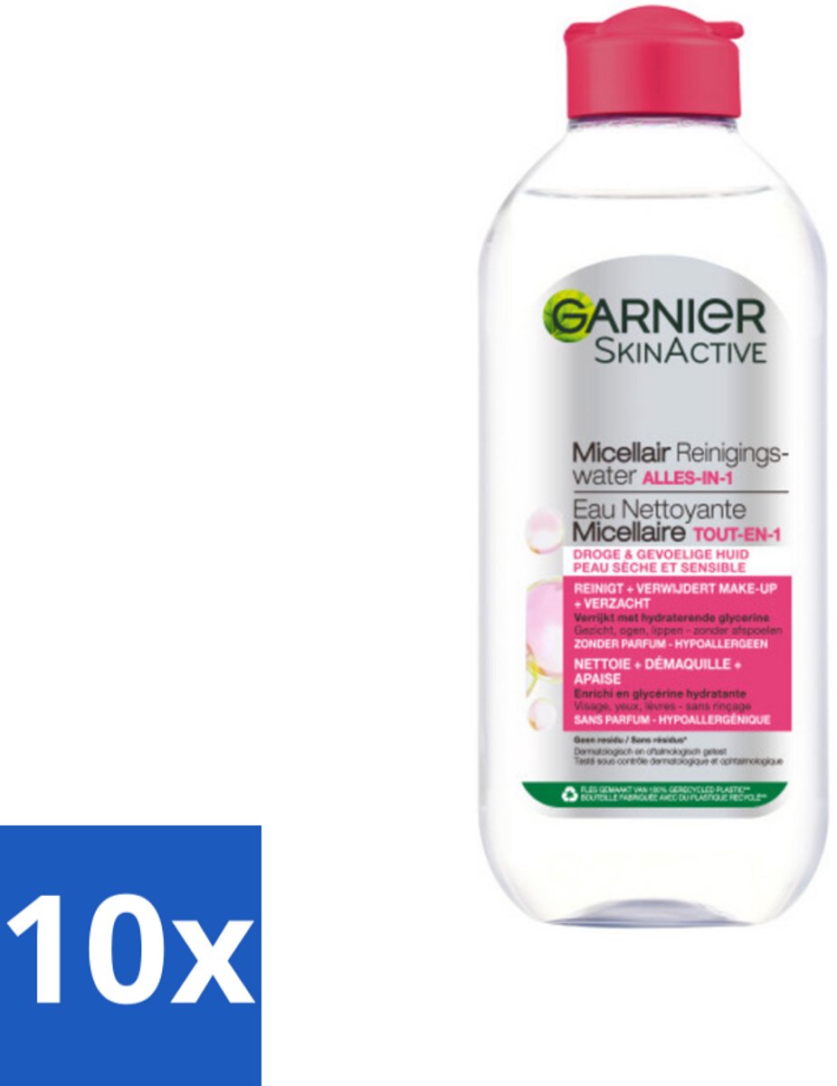 10 x Garnier - SkinActive - Micellair Reinigingswater - Droge & Gevoelige Huid - Hydraterend & Reinigend - 400 ml - Micellair Reinigingswater - Droge Huid - Gevoelige Huid - Make-up Verwijderen - Reinigen Zonder Spoelen