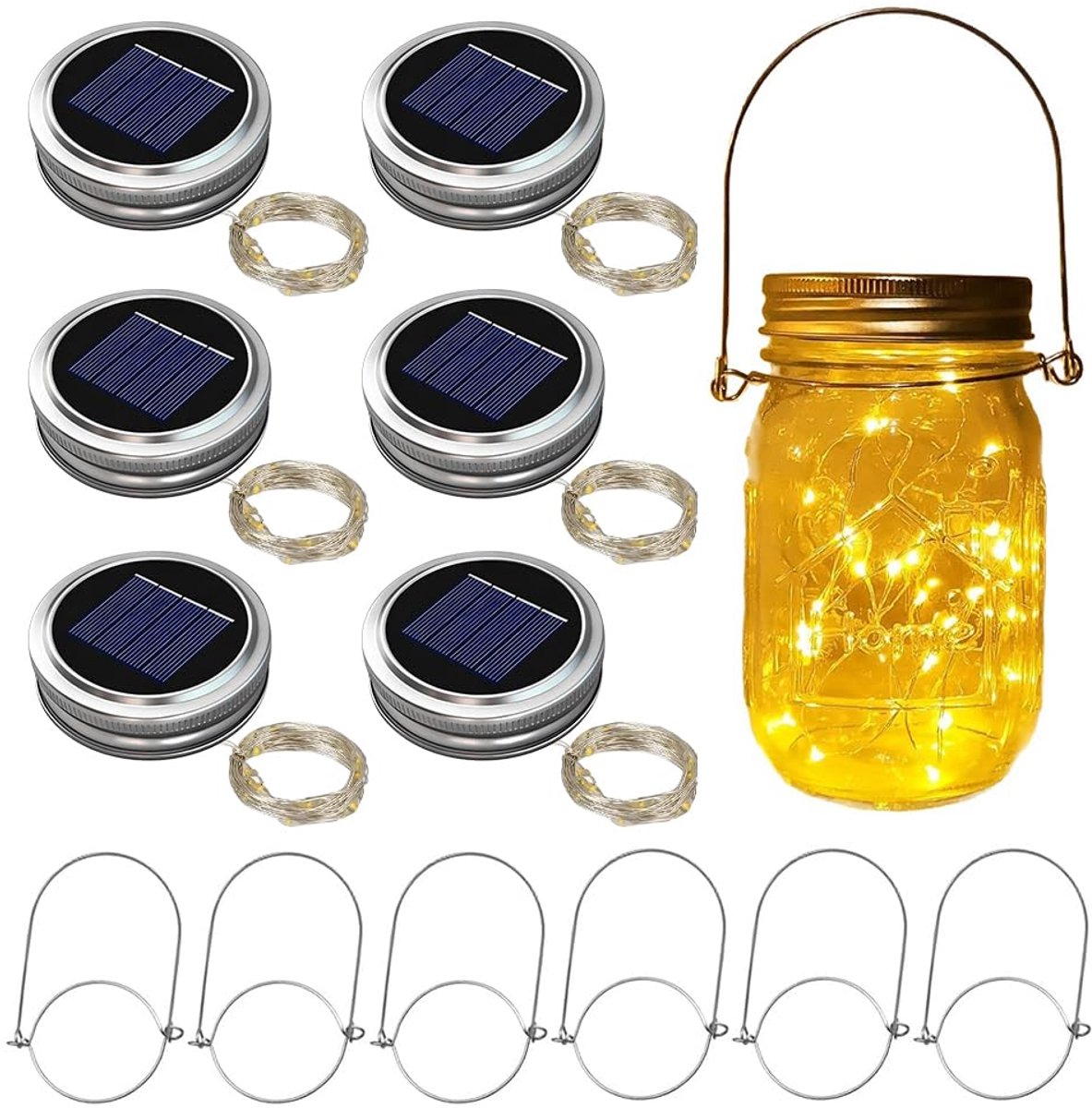 Solar Mason Jar Licht - 6 Stks Deksel met 30 LED Lichten - 7CM Vervanging voor Tuinverlichting - ShopVlot