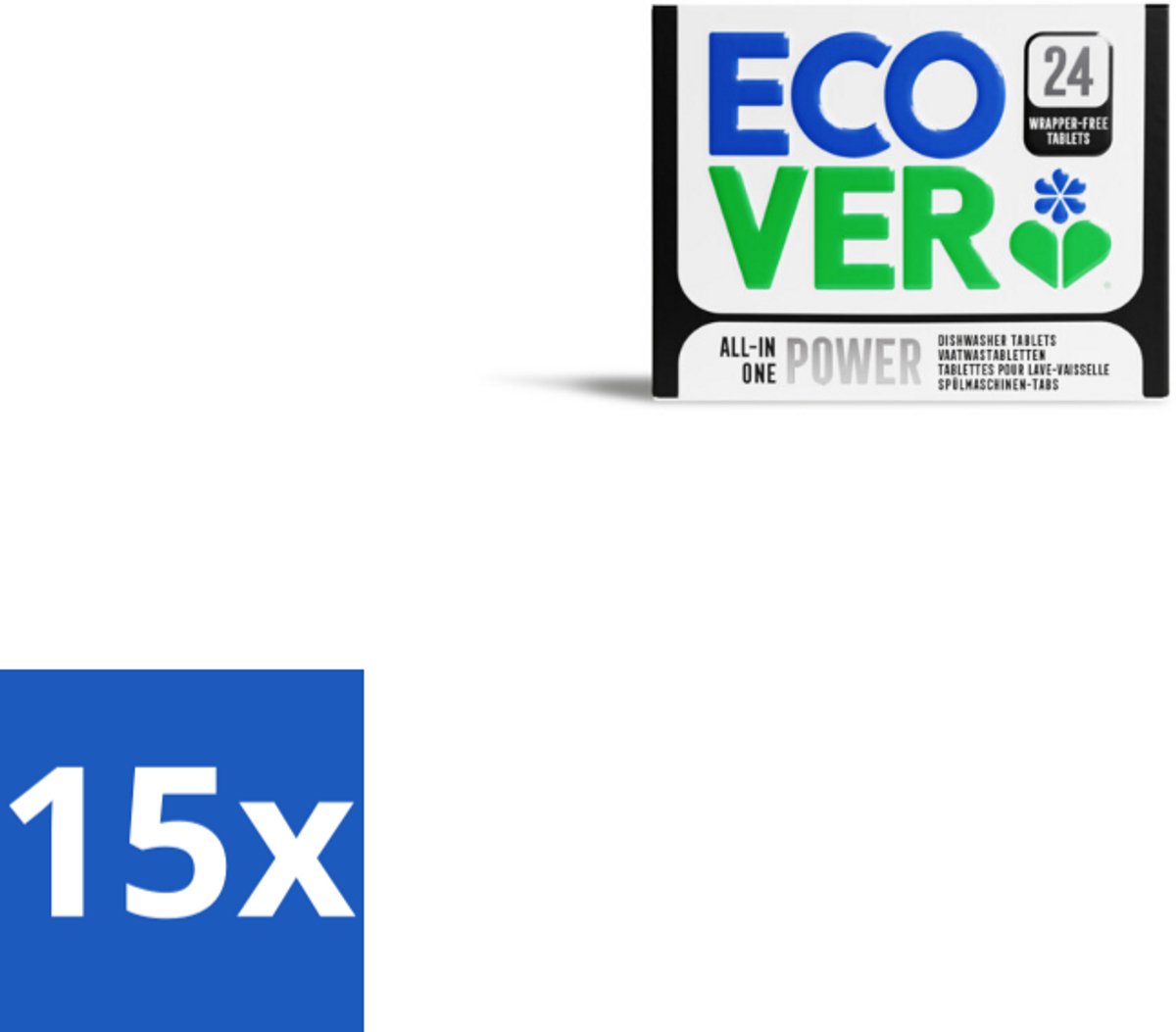 15 x Ecover - Vaatwastabletten All-in-One Power - 24 Tabs - Vaatwastabletten - Vaatwasmiddel - Krachtige Reiniging - Vet Verwijderen - Glansspoelmiddel