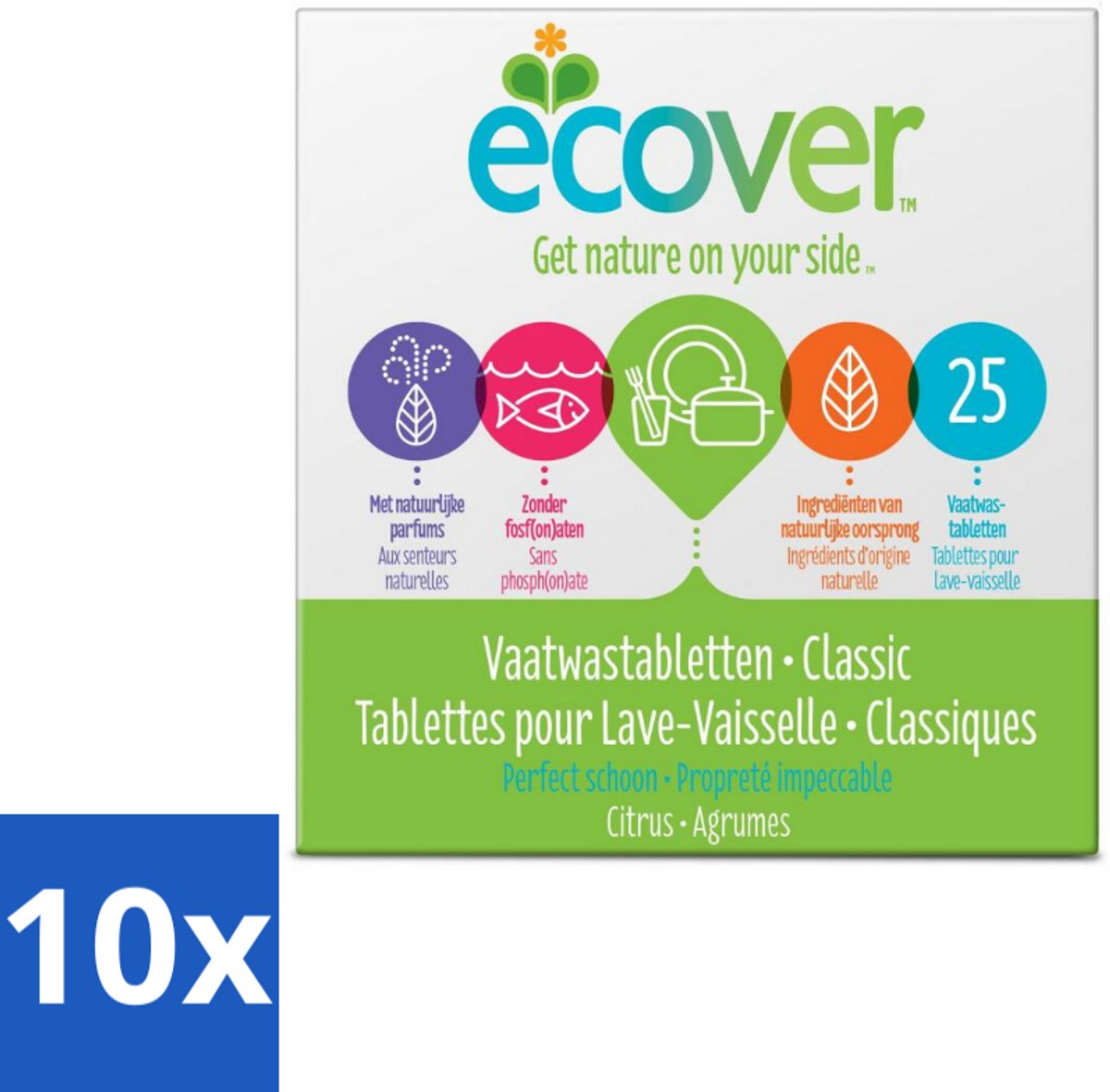 10 x Ecover - Vaatwastabletten Classic - 25 Tabs - Vaatwasmiddel - Vaatwastablet - Plantaardig Schoonmaken - Fosfaatvrij - Biologisch Afbreekbaar