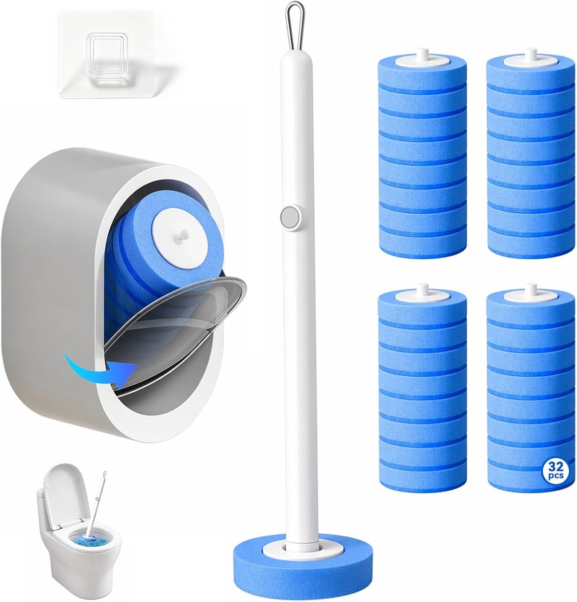 Wegwerptoiletborstel met 32 schoonmaakkoppen - Wandbevestiging met plakhouder - Hygiënische toiletborstel voor badkamer - ShopVlot