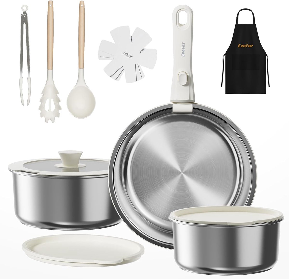 Pannenset 14-delig - roestvrijstaal - afneembare handgreep - ideaal voor veelzijdig koken - ShopVlot