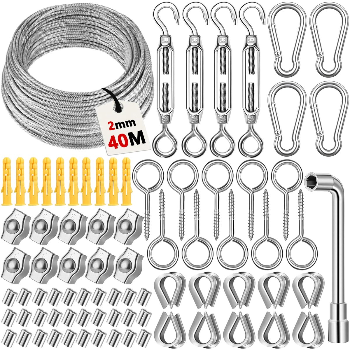 Staalkabelset 40 m 2 mm - 304 roestvrij staal - met ogen - ideaal voor hekken en buitenverlichting - ShopVlot