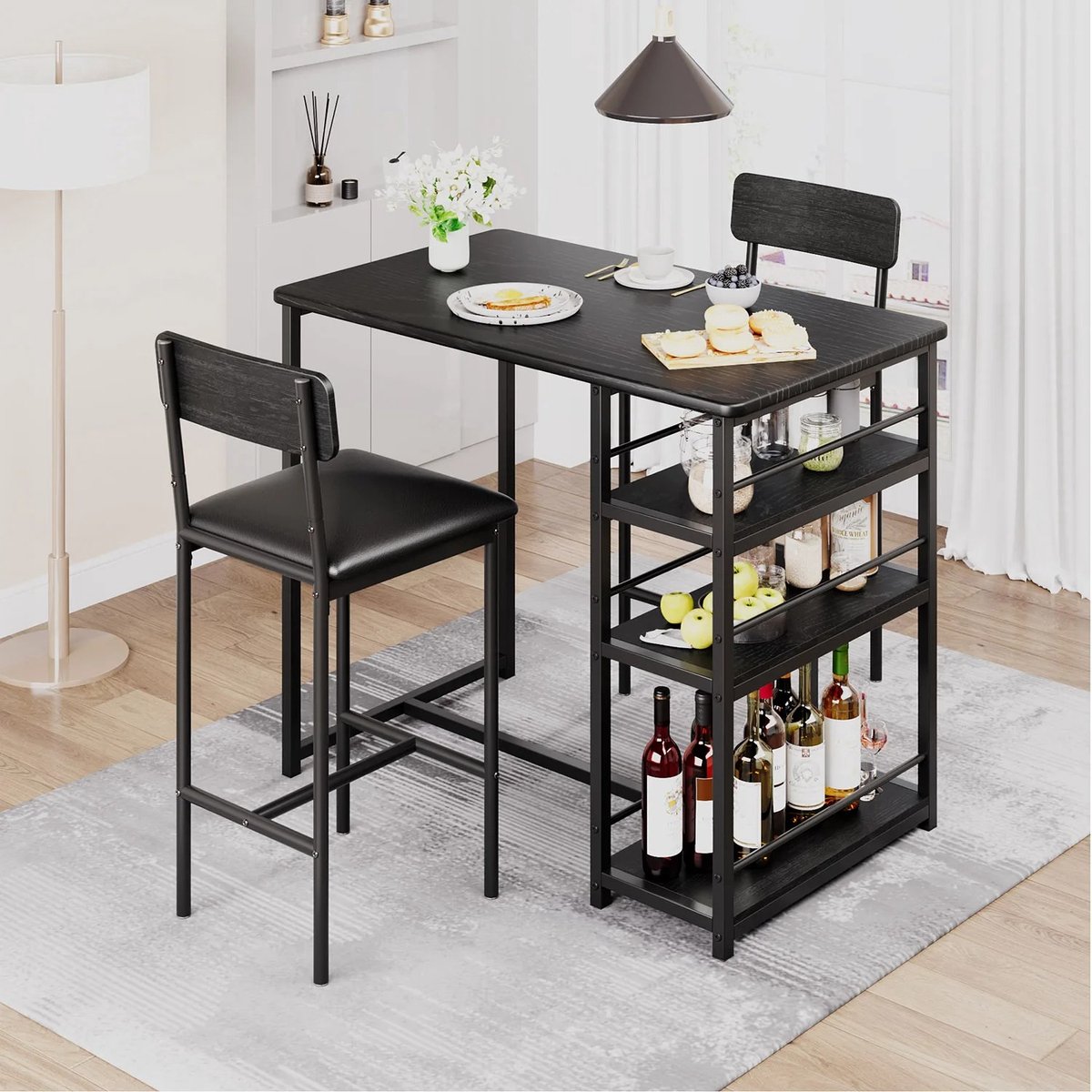 Archi Bartafel met 2 Stoelen – Eettafelset voor 2 Personen – 3 Opbergplanken – Gestoffeerde Barkrukken – Industrieel Zwart/Bruin