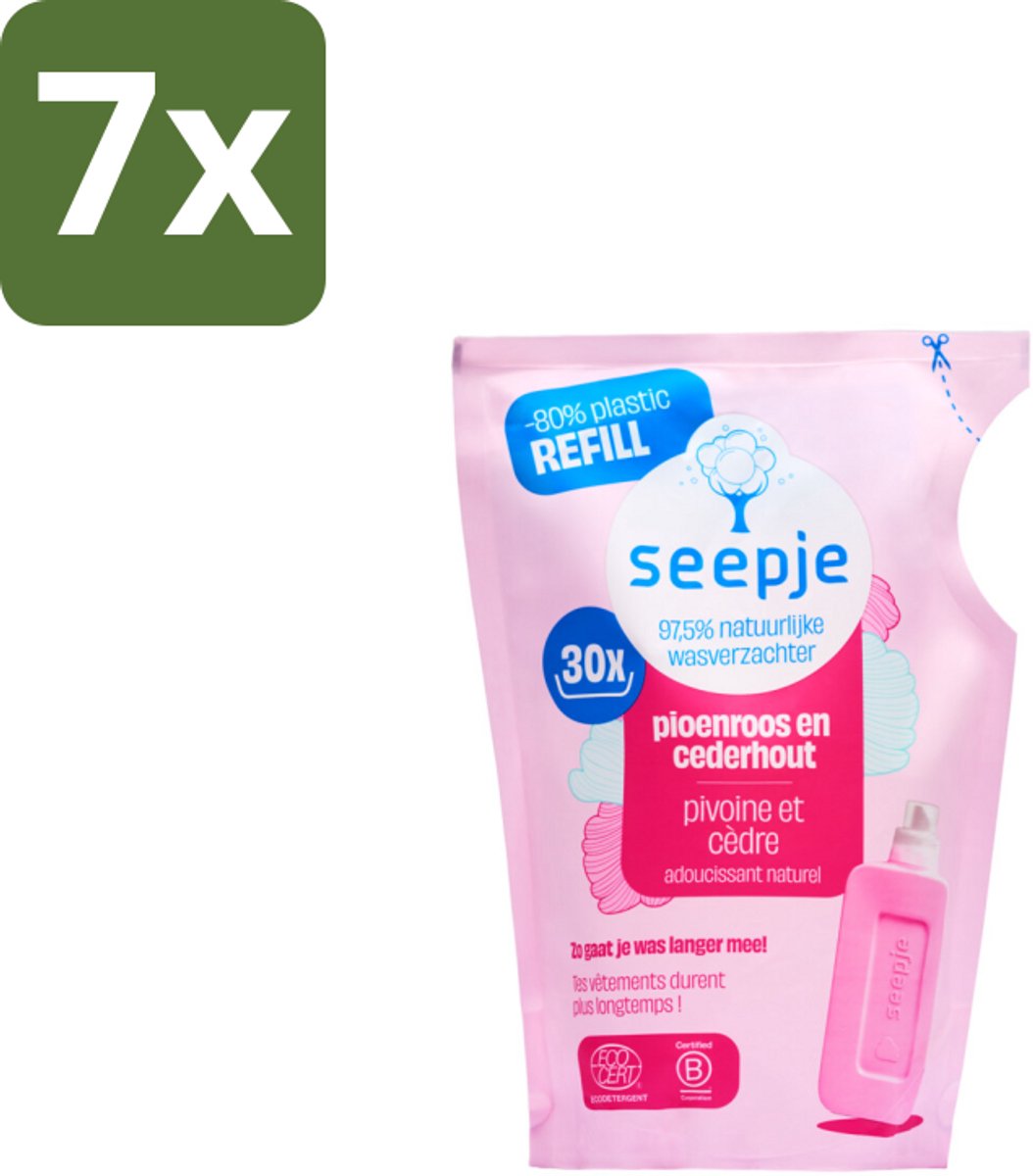 Seepje - Wasverzachter - Duurzaam & Frisse Geur - Navulling - Pioenroos en Cederhout - 30 Wasbeurten - 750 ml - Bulkverpakking - 7 stuks