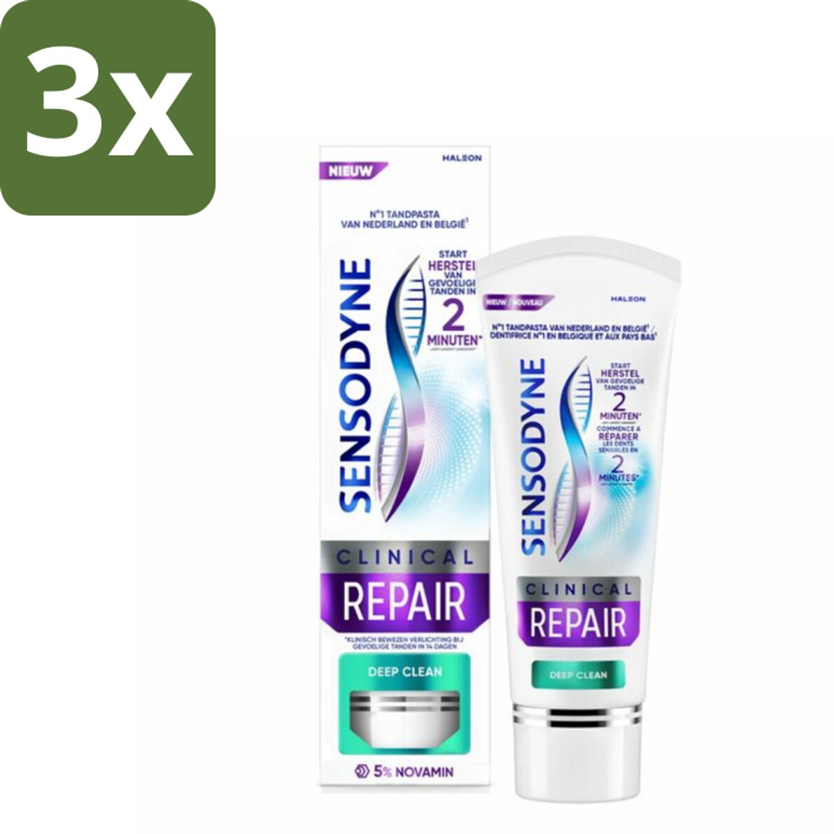 Sensodyne - Tandpasta - Clinical Repair - Deep Clean - Grondige Reiniging - 75 ml - Bulkverpakking - 3 stuks