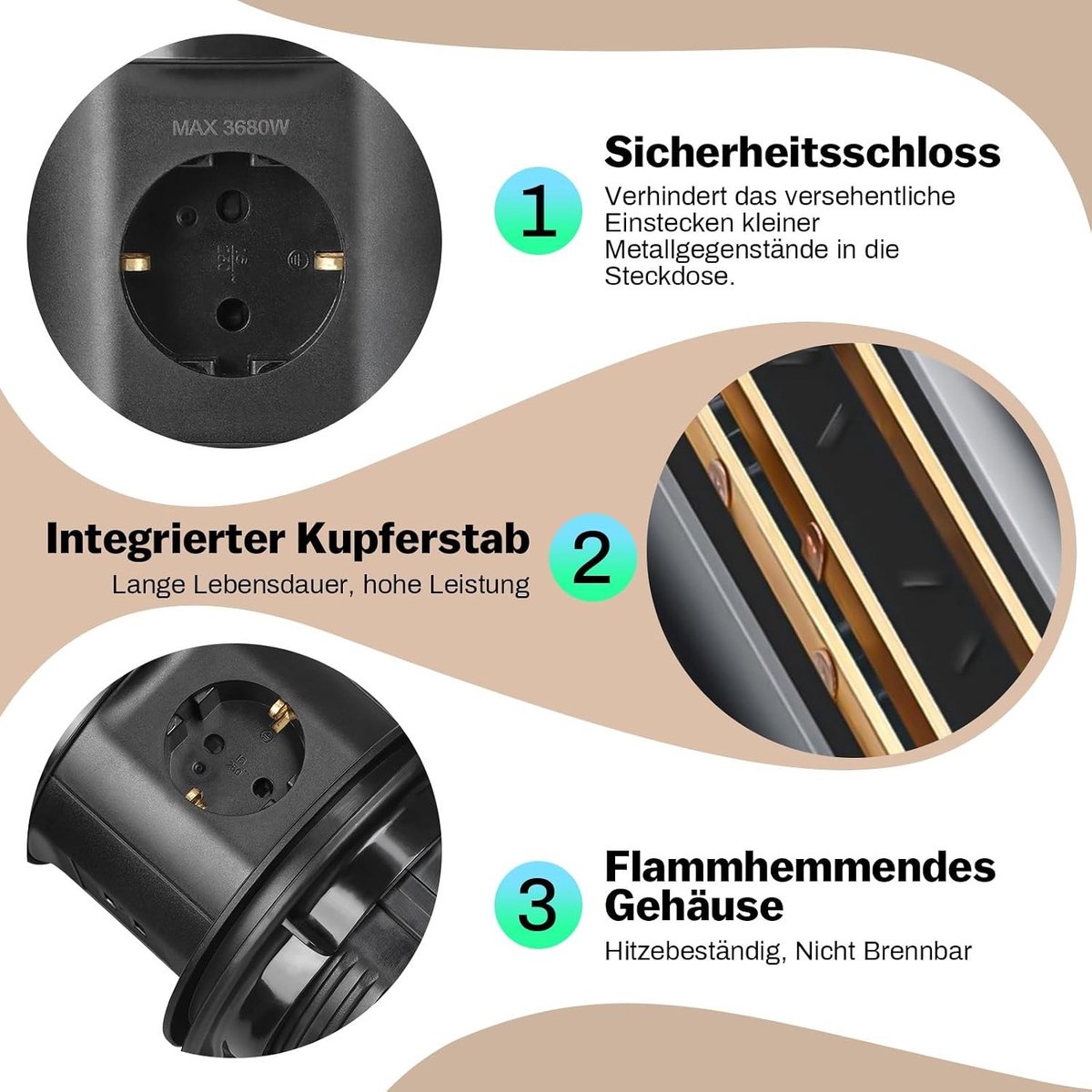 3-in-1 Inbouw Stopcontact - Wit - 1,8 m Kabel - Brandvertragend ABS met Draadloze Oplader - Voor Bureau en Keuken