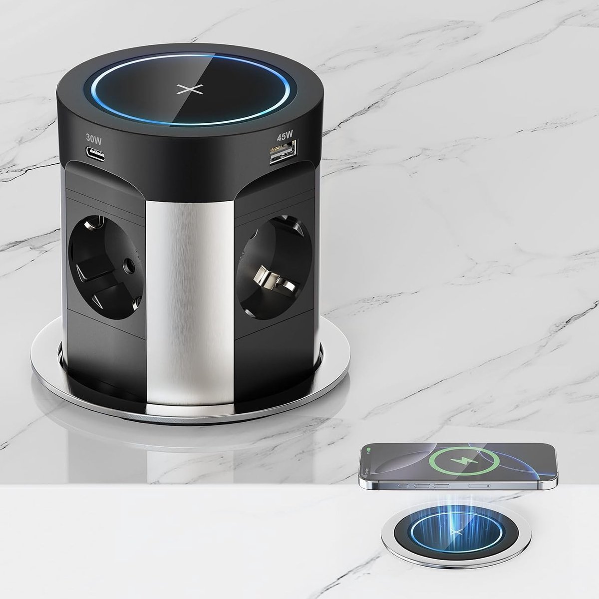 Inbouw Stopcontact 9-in-1 - Zwart - Ø100 mm - Met USB-C PD 75W en Draadloos Opladen - Voor Keuken en Kantoor