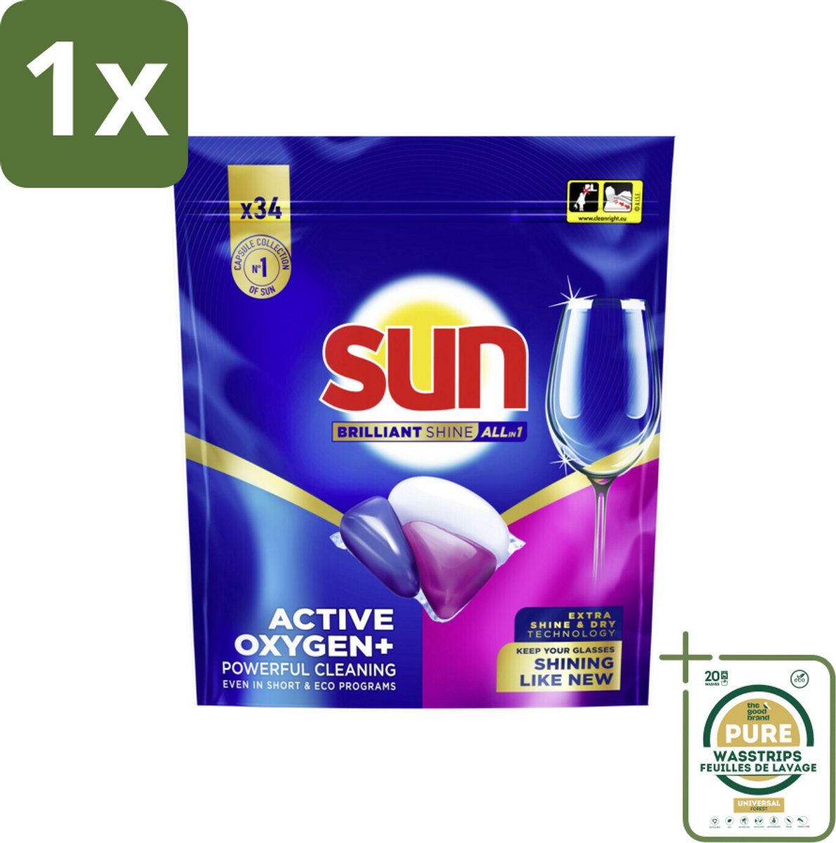 1 x Sun - Vaatwascapsules - Brilliant Shine All-in-1 met Active Oxygen+ - 34 capsules- Vaatwasmiddel - Vaatwascapsules - Schone Vaat - Glans - Vaatwasser