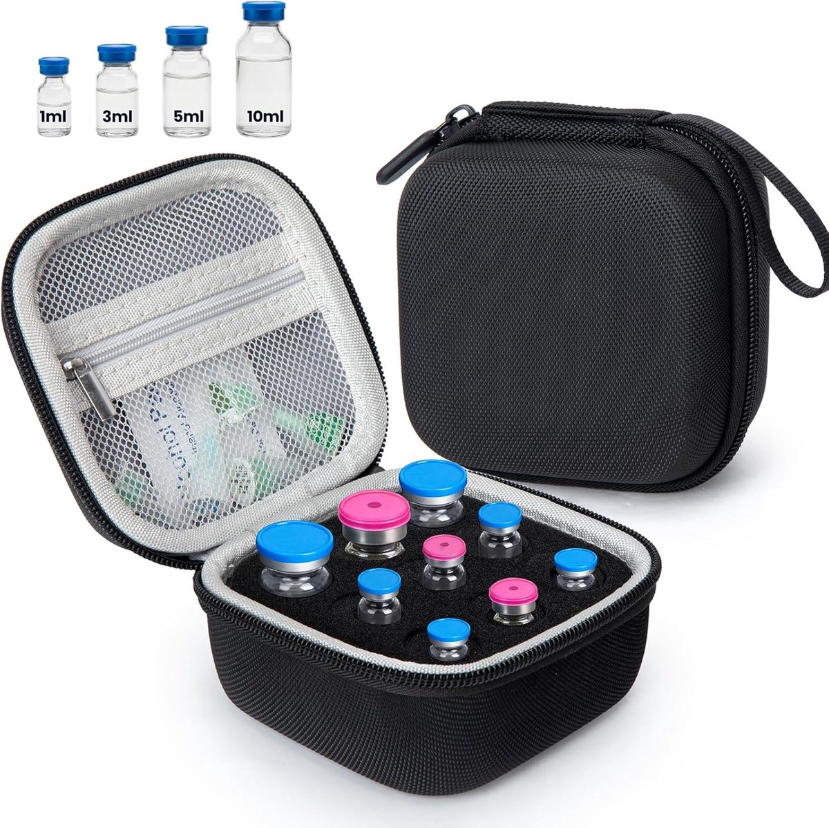 Peptidebox voor flacons 3-10 ml - zwart - met handband en verstelbare vakken - ShopVlot