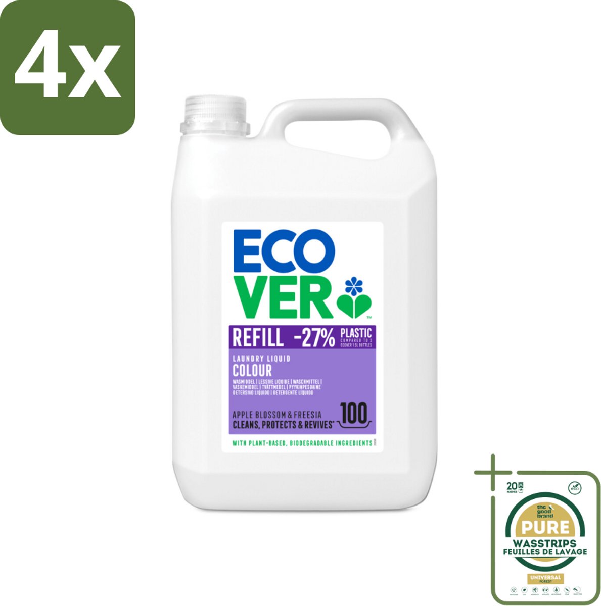 Ecover - Vloeibaar wasmiddel - Color - Appelbloesem & Freesia - 5 liter - 100 wasbeurten - Voordeelverpakking - 4 stuks - Biologisch wasmiddel - Plantaardig wasmiddel