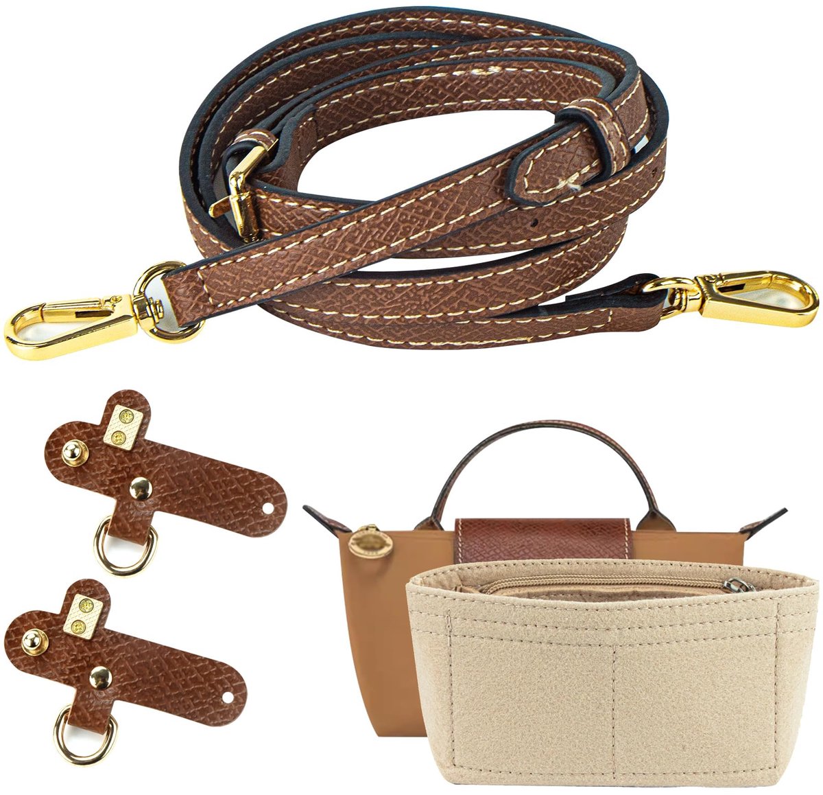 Verstelbare vilten riem en organizer - bruin en beige - lederen riem zonder perforaties - ShopVlot
