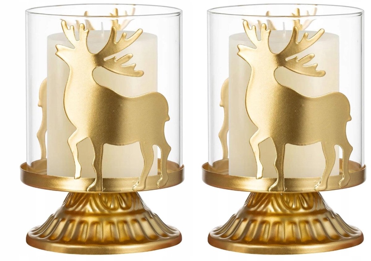 Sziqiqi Set van 2 Merkloze Gouden Kandelaars met Hert, Glamour Stijl