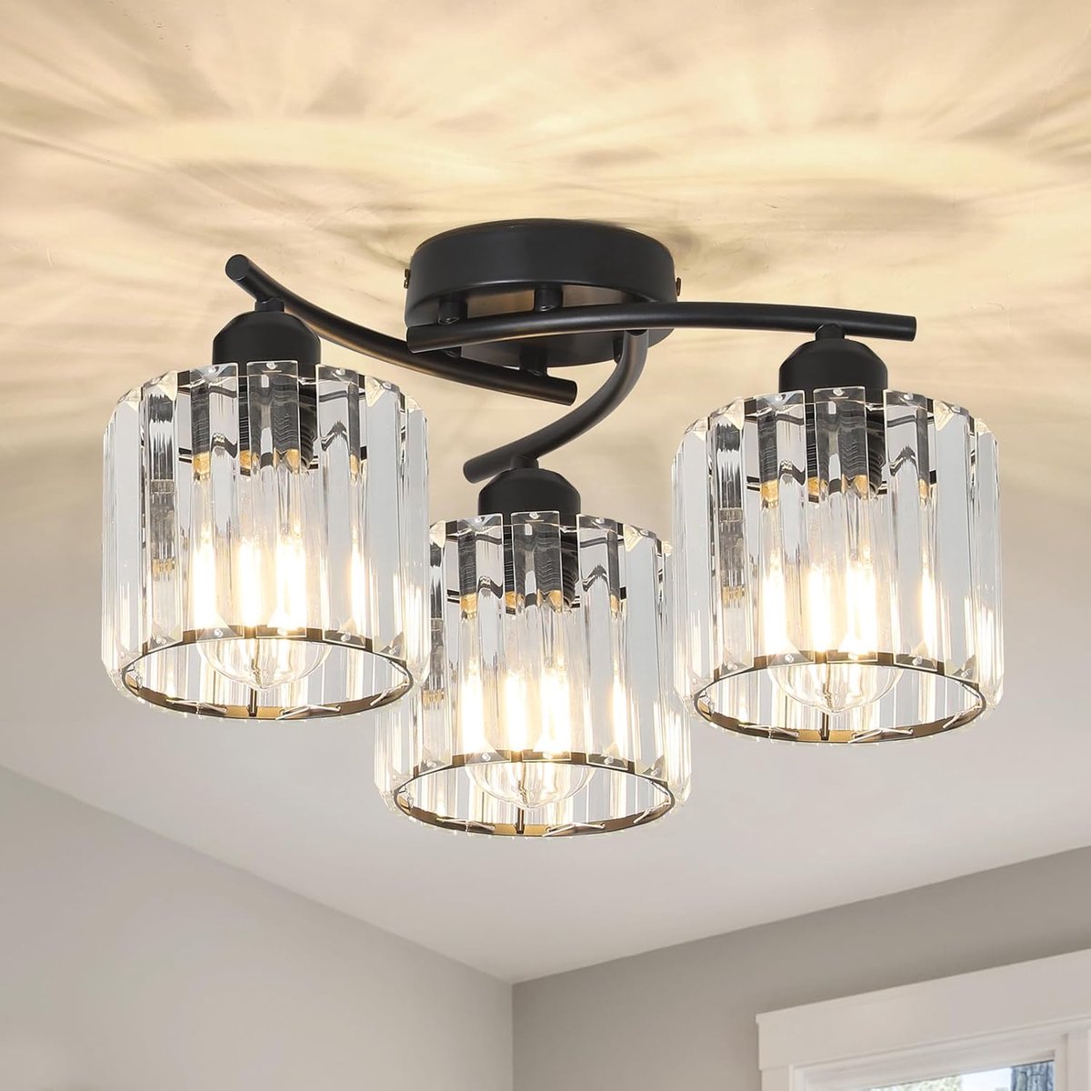 Plafondlamp K9 kristal - 3-armed glazen kroonluchter - modern zwart design - sfeervolle verlichting voor woonkamer - ShopVlot
