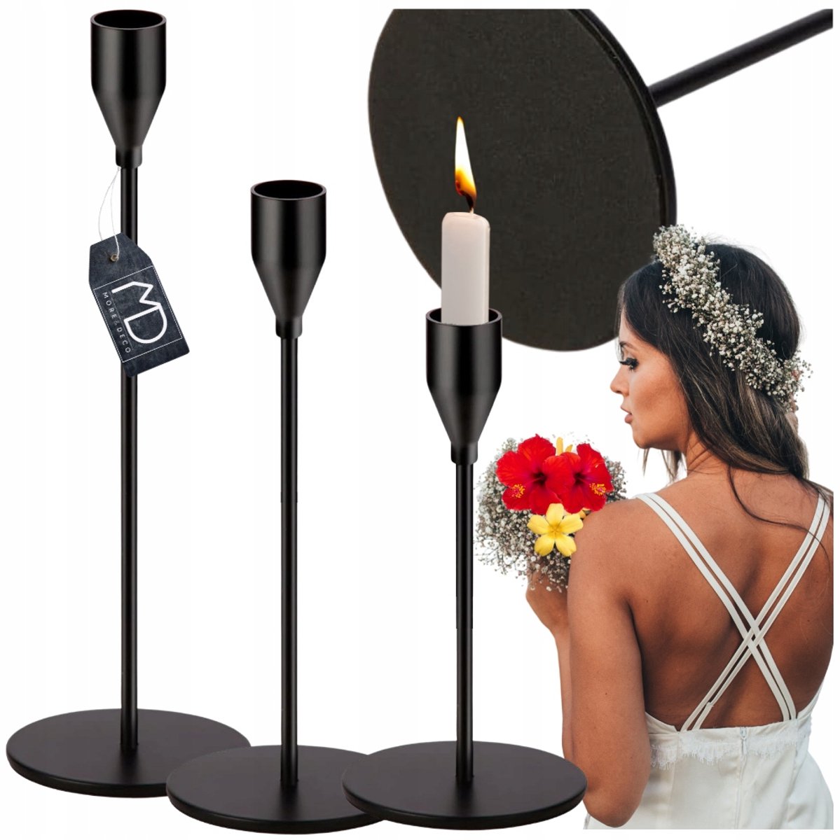 Set van 3 zwarte matte metalen kaarsenstandaards, modern design