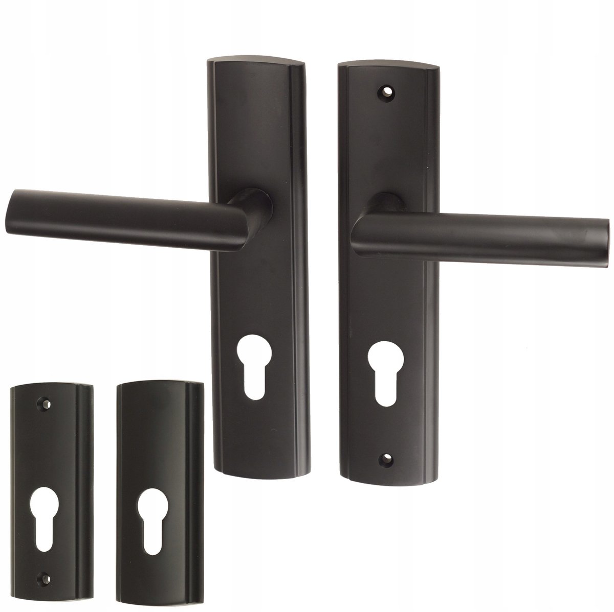 Zwarte buitendeurkruk met schild, links, 72mm hartafstand