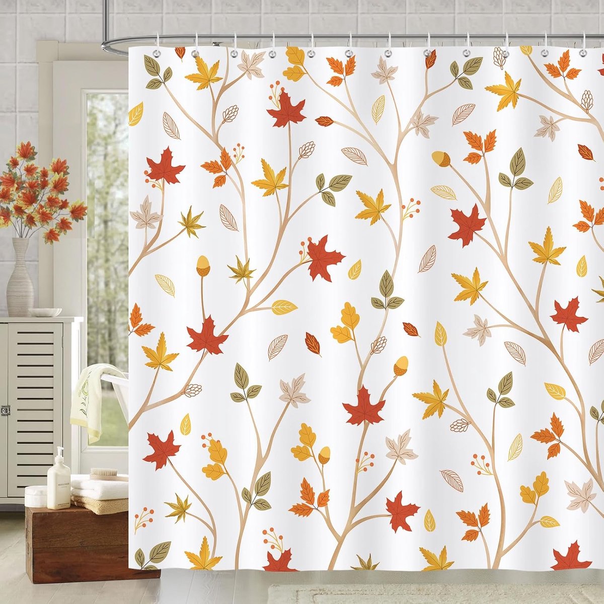 Douchgordijn 180x180cm - herfstbladeren design - vochtbestendig - creëert een warme sfeer - ShopVlot
