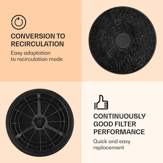 Collage met twee ronde zwarte koolstoffilters, een boven- en een onderaanzicht, met tekst 'CONVERSION TO RECIRCULATION'.