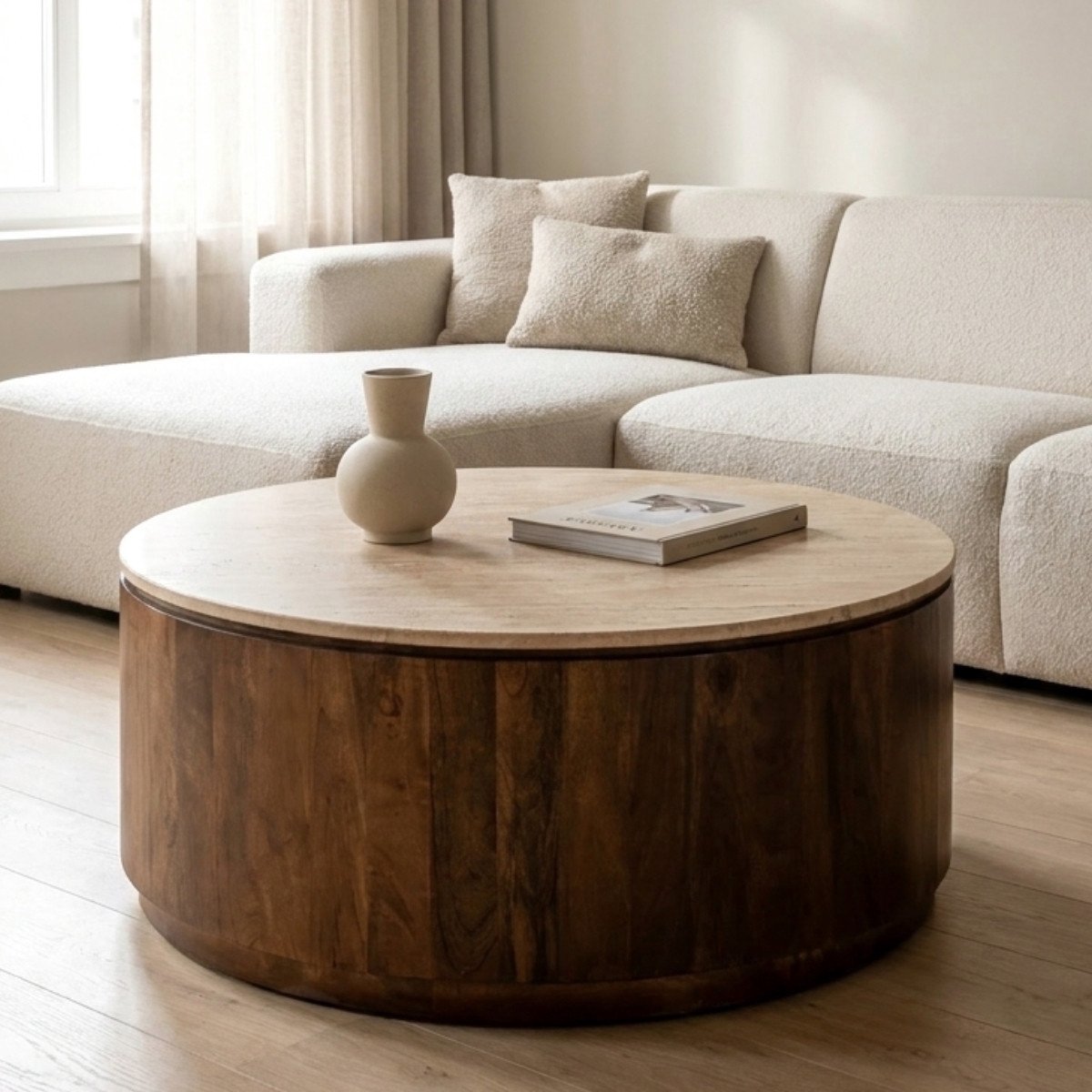Giga Meubel Salontafel Elan Rond - Travertin - Walnoot - 90x90x35cm