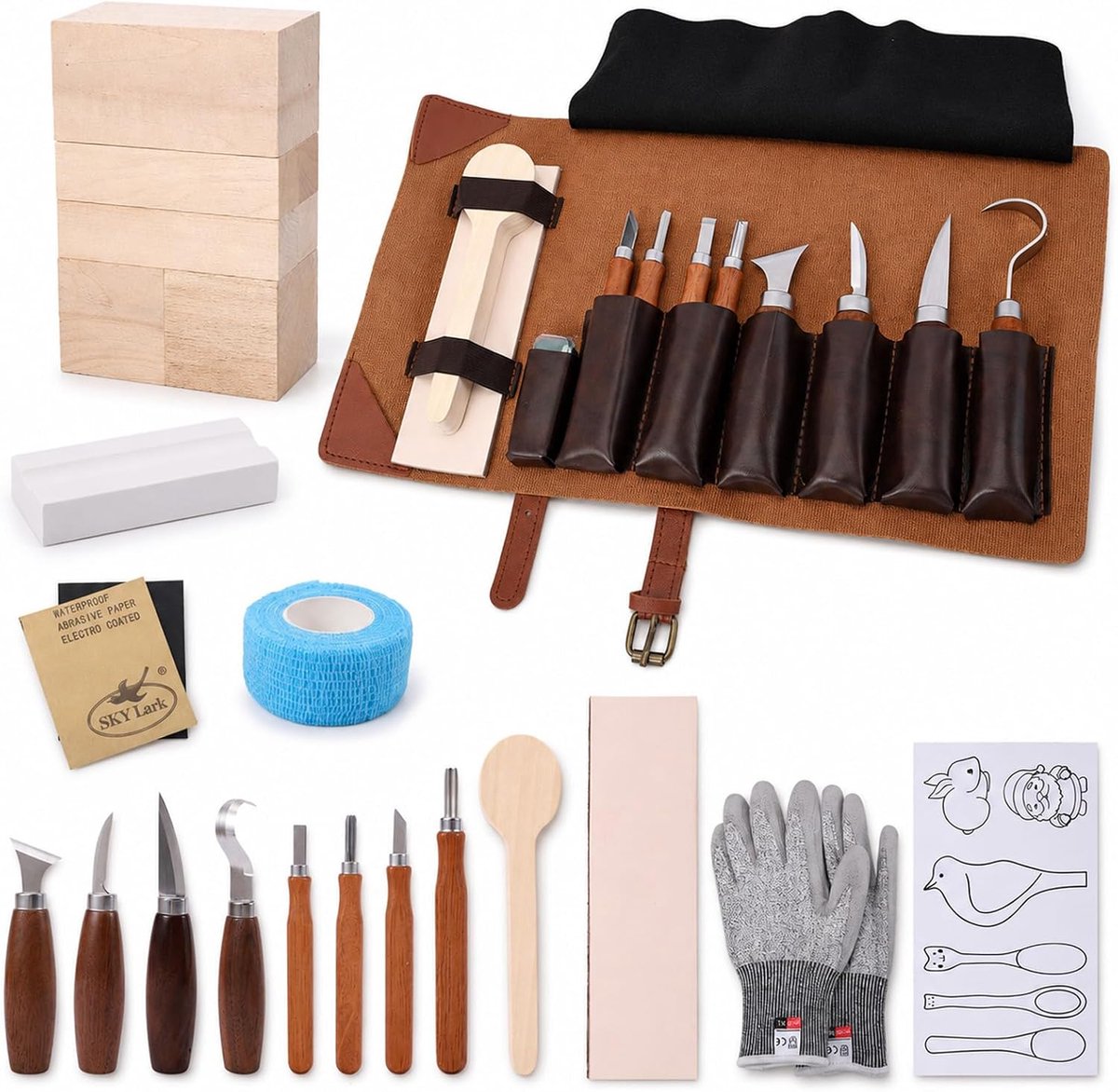 Houtsnijgereedschapsset - 4 snijmessen en 4 beitels - leren tas en sjablonen - ideaal voor beginners - ShopVlot