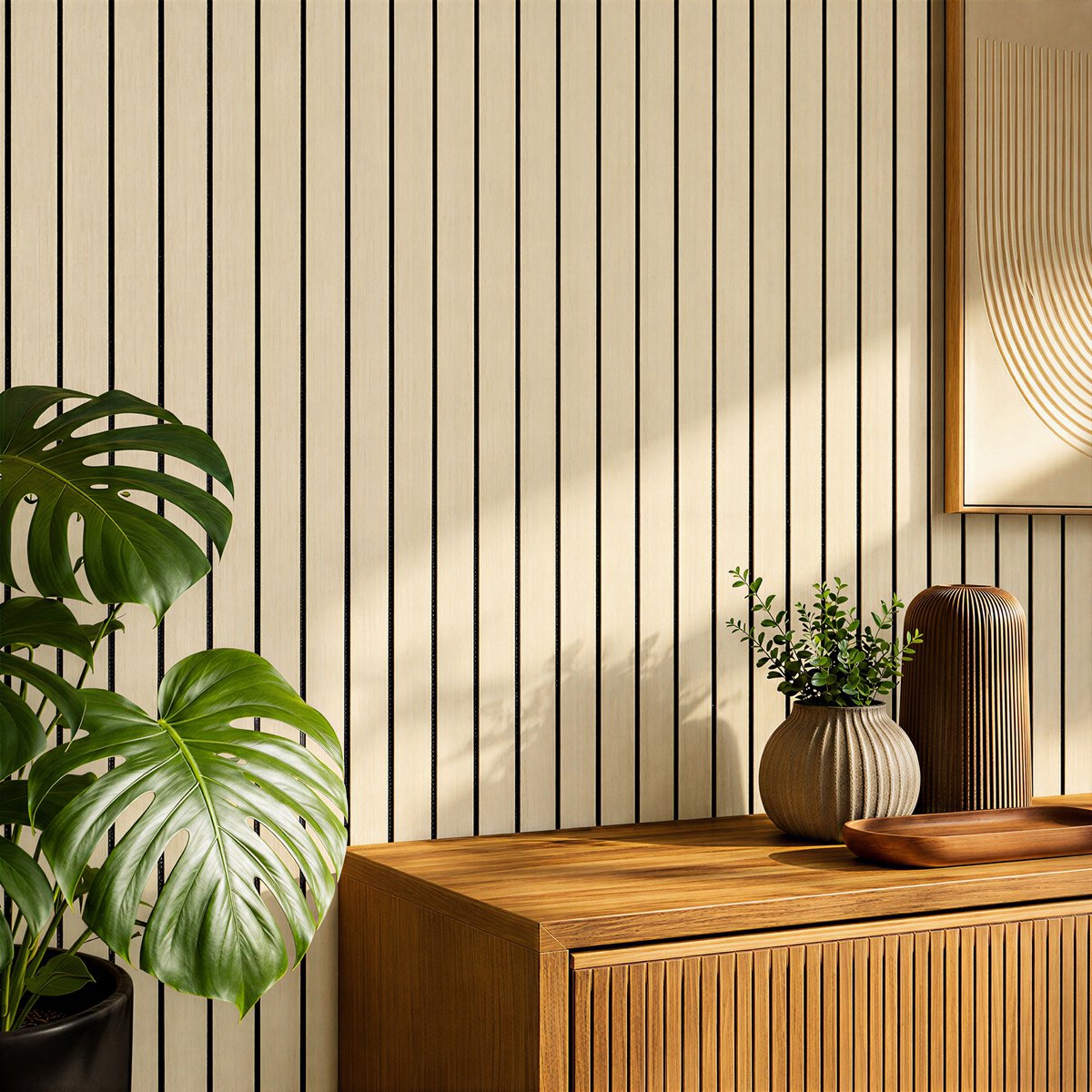 Lemlit 3D Zelfklevende Wandpanelen Houtlook - PVC Wandbekleding Lattenwand Look - 60 x 300 cm - Verwijderbaar Behang voor Woonkamer Keuken Slaapkamer - Beige Eiken