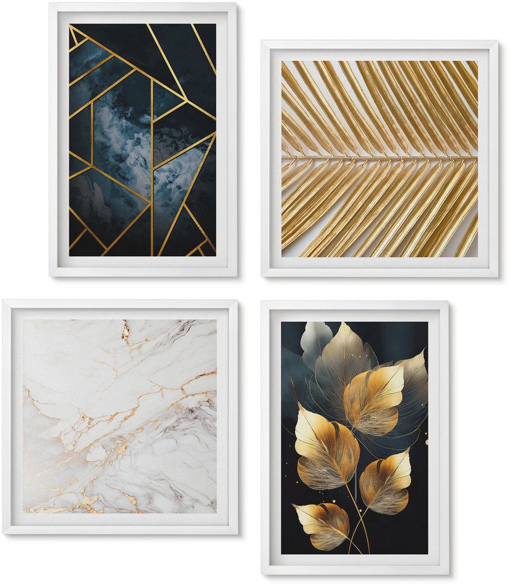 Wallfluent 4-Delige Schilderij Set - Moderne Geometrische Patronen En Natuurlijke Plantmotieven - 40 x 40 En 40 x 60 - Muurdecoratie - Decoratieve Schilderijen - Wohnzimmer - Moderne Wanddecoratie