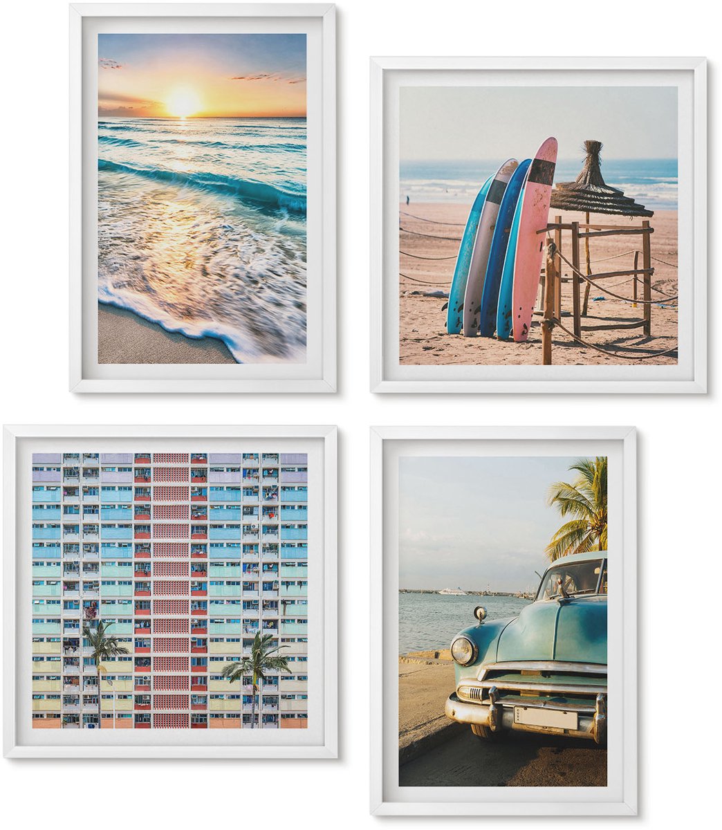 Wallfluent 4-Delige Schilderij Set - Vakantie In Miami Met Uitzicht Op De Zonsondergang En Zee - 40 x 40 En 40 x 60 - Wanddecoratie - Schilderijen Set - Kantoor - Muurdecoratie