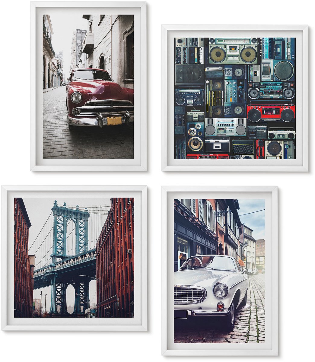 Wallfluent 4-Delige Schilderij Set - Oude Auto'S Op Straat Bij De Brooklyn Bridge En Retro Audioapparatuur - 40 x 40 En 40 x 60 - Moderne Wanddecoratie - Woonkamer - Stijlvolle Muurdecoratie