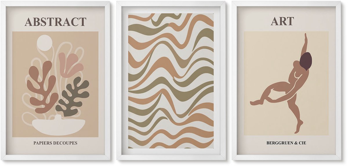 Wallfluent 3-Delige Schilderij Set - Matisse Boho Abstracte Vormen En Patronen - 40 x 60 - Decoratieve Schilderijen - Wanddecoratie - Hal - Stijlvolle Muurdecoratie