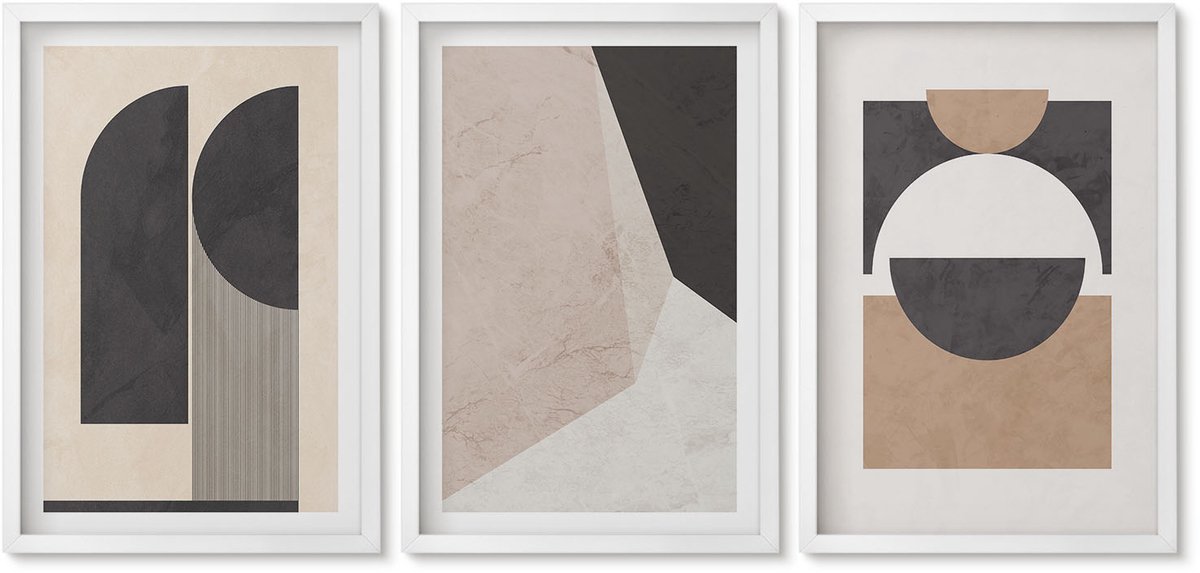 Wallfluent 3-Delige Schilderij Set - Abstracte Vormen In Beige En Bruine Tinten. - 40 x 60 - Decoratieve Schilderijen - Wanddecoratie - Hal - Moderne Wanddecoratie
