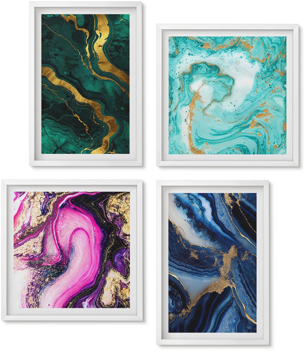 Wallfluent 4-Delige Schilderij Set - Abstracte Patronen In Tinten Roze, Groen En Blauw. - 40 x 40 En 40 x 60 - Moderne Wanddecoratie - Woonkamer