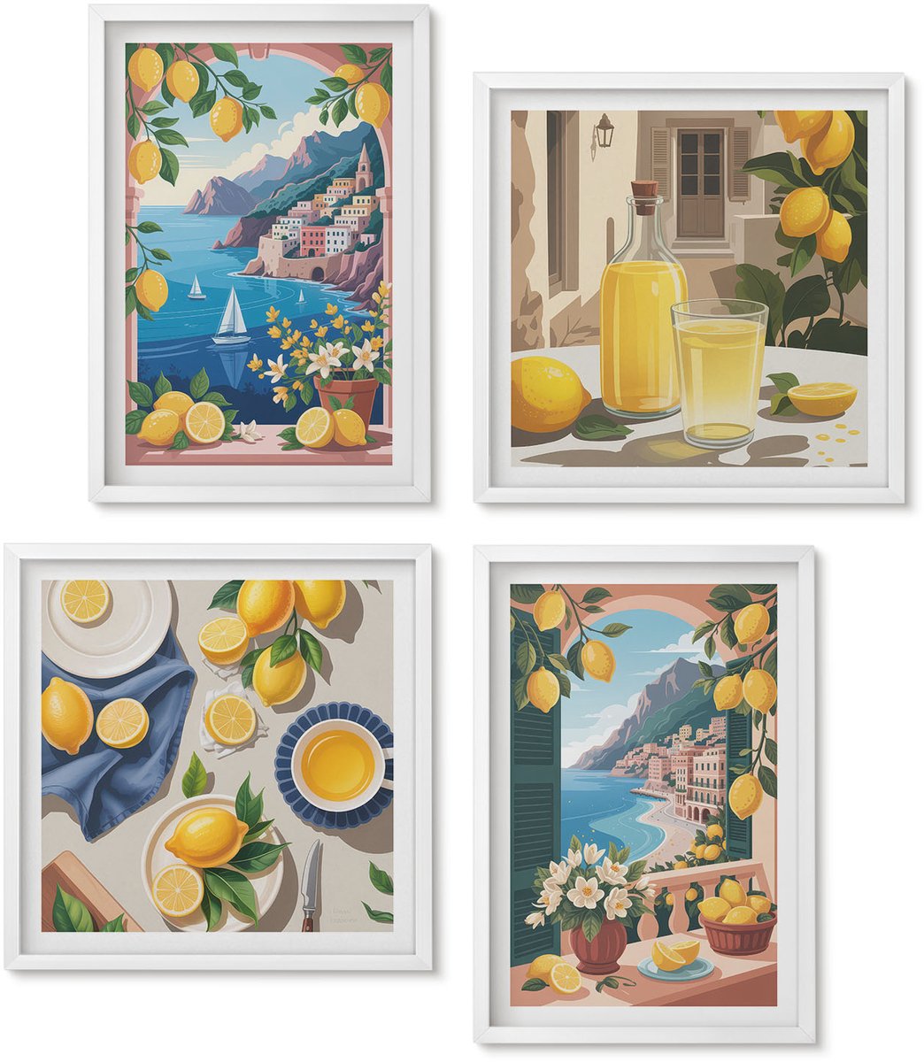 Wallfluent 4-Delige Schilderij Set - Zeezichtraam Met Italiaanse Citroenen - 40 x 40 En 40 x 60 - Muurdecoratie - Interieur Decoratie