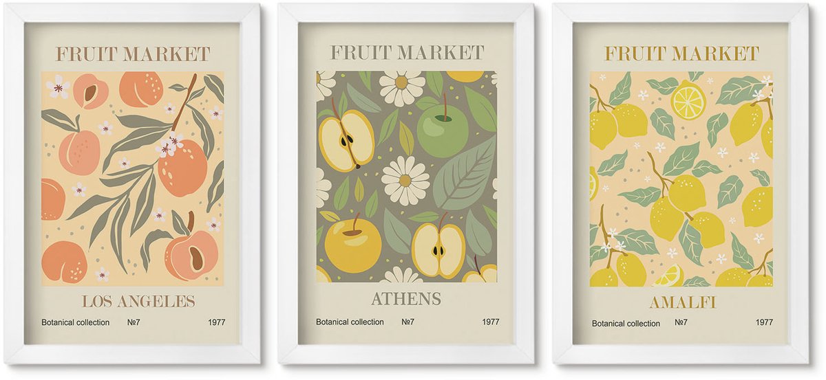 Wallfluent 3-Delige Schilderij Set - Posters Met Fruitmotieven In Retrostijl - 20 x 30 - Wanddecoratie - Woonkamer Decoratie - Decoratieve Schilderijen