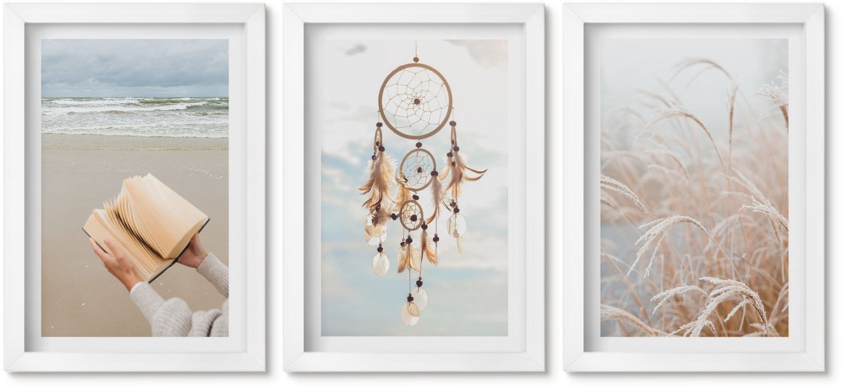 Wallfluent 3-Delige Schilderij Set - Rustige Landschappen, Delicate Zomeruitzichten, Boho-Stijl - 20 x 30 - Muurdecoratie - Wanddecoratie - Slaapkamer - Interieur Decoratie