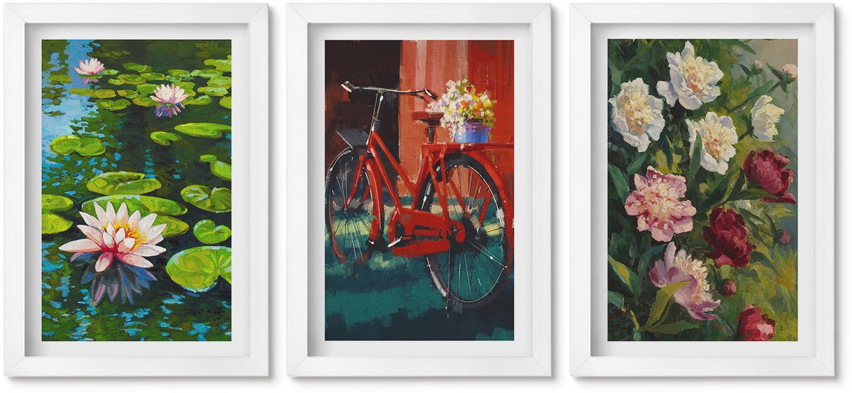 Wallfluent 3-Delige Schilderij Set - Lelies Op De Waterfiets In De Tuin, Kleurrijke Bloemen - 20 x 30 - Moderne Wanddecoratie - Slaapkamer - Muurdecoratie