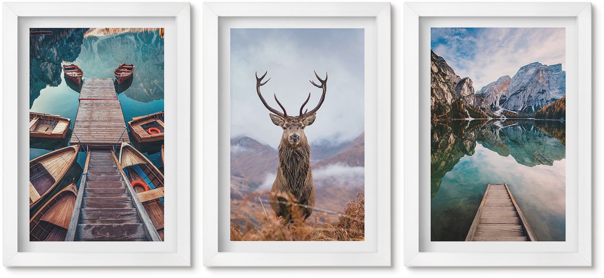 Wallfluent 3-Delige Schilderij Set - Meer Met Boten, Herten En Berglandschap - 20 x 30 - Stijlvolle Wanddecoratie - Interieur