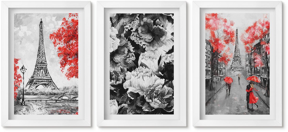 Wallfluent 3-Delige Schilderij Set - Eiffeltoren In Grijs Met Rode Accenten - 20 x 30 - Muurdecoratie - Interieur Decoratie - Decoratieve Schilderijen