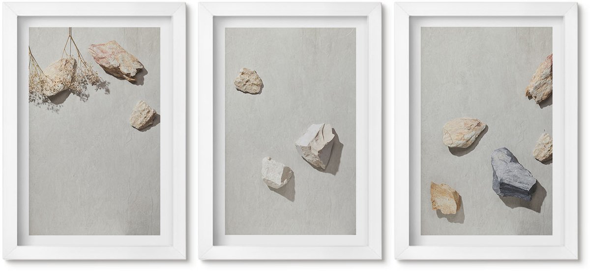Wallfluent 3-Delige Schilderij Set - Boho Strandstenen Minimalistische Decoraties - 20 x 30 - Muurdecoratie - Interieur Decoratie - Stijlvolle Muurdecoratie
