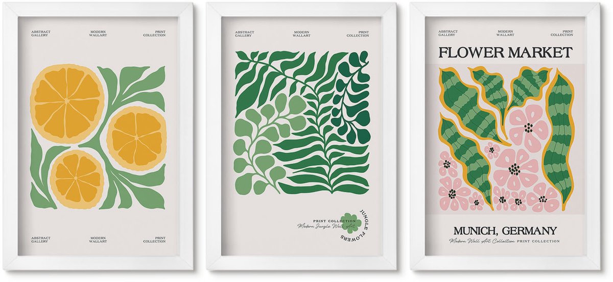 Wallfluent 3-Delige Schilderij Set - Posters Met Fruit- En Plantmotieven In Pastelkleuren - 20 x 30 - Muurdecoratie - Schilderijen Set - Woonkamer - Moderne Wanddecoratie