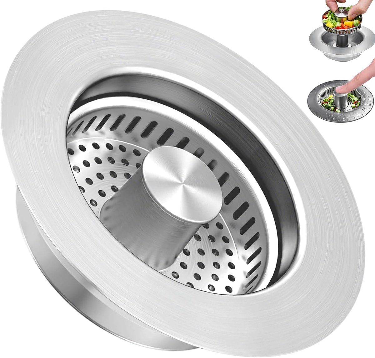 Claoner 3-in-1 keuken wastafel afvoerfilter en stopjes - roestvrijstalen voedsel verzameling plug met filter mand - geschikt voor 3-1/2 inch afvoer gaten - universele wastafel bescherming deksel - anti-verstopping - zilver