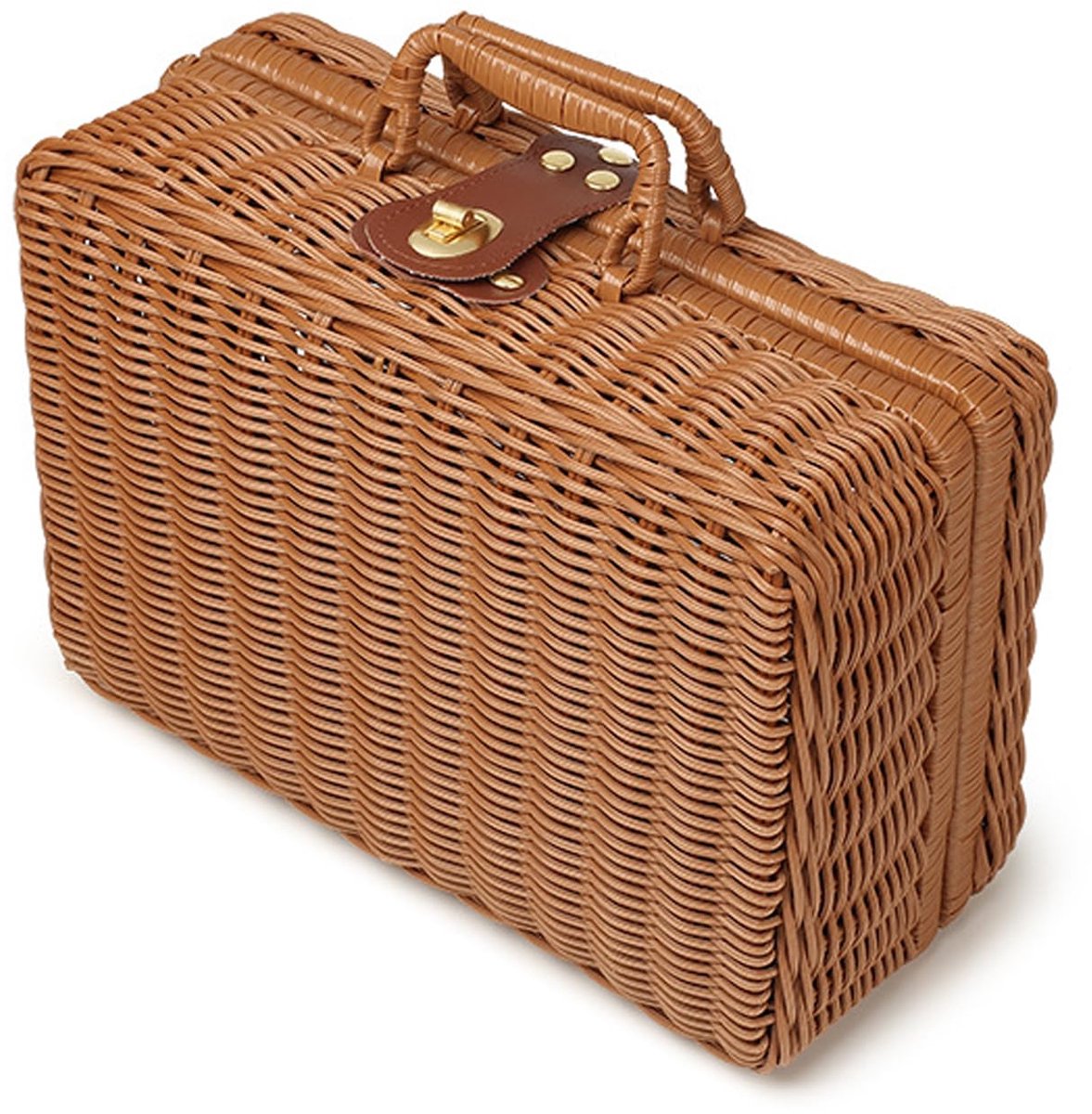 Famanu – Gevlochten rotan koffer, opbergmand met handvat, handgeweven picknickbox, vintage geschenkdoos voor camping en decoratie, donkerbruin