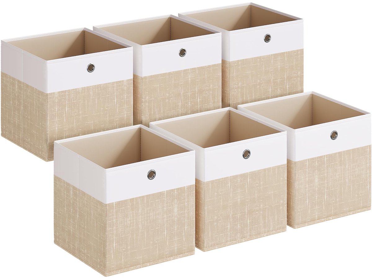 Famanu – Set van 6 opbergdozen, stoffen opbergdoos met PP-platen, geurloos, opvouwbaar, voor kubusrek, 33 x 33 x 33 cm, Cloud White en Sand Beige