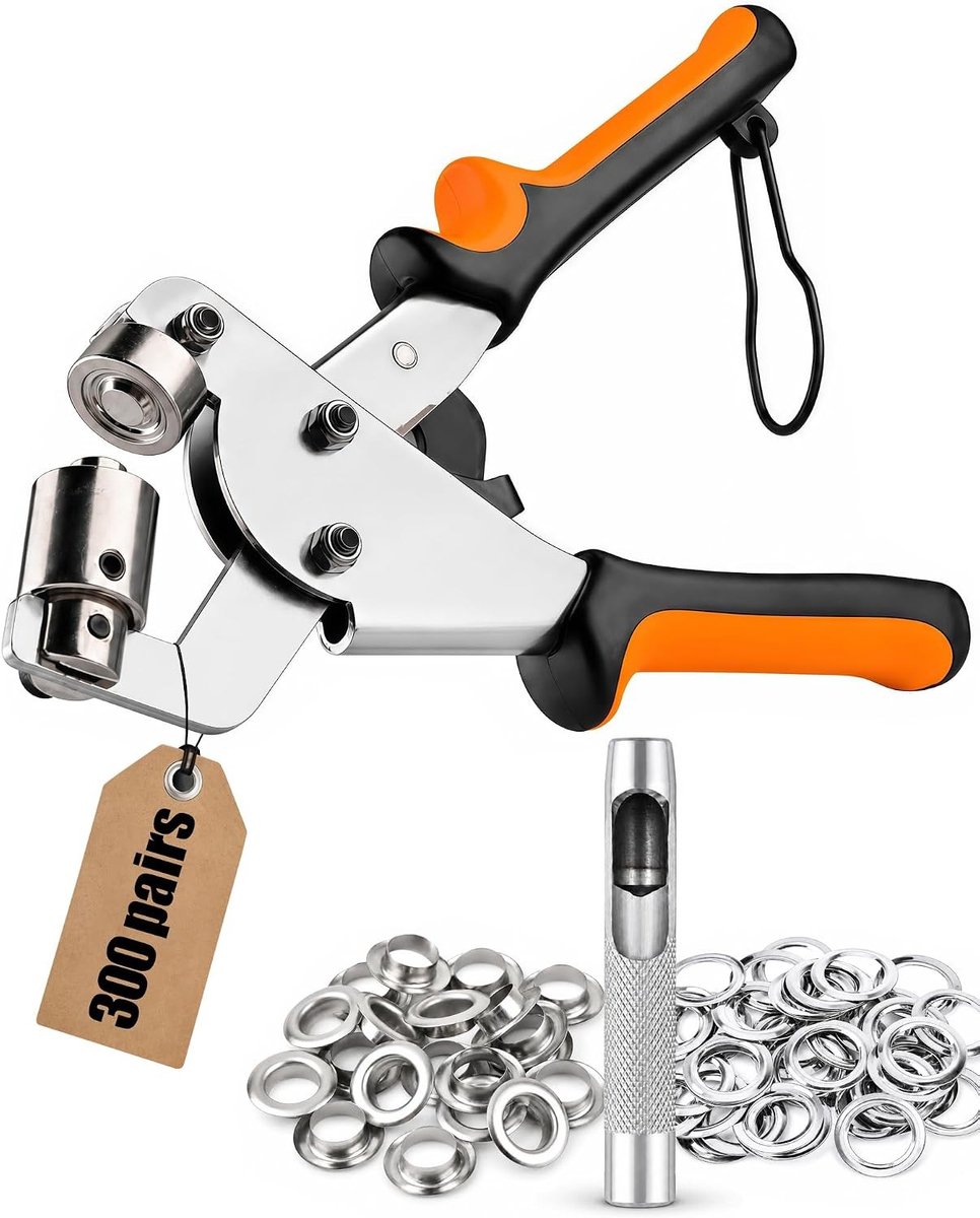 Zeilringen met tang - Metaal - 21,8 x 14 x 2 cm - Oogjestang Set met 300 Paar 10 mm Ringen - Voor Leer en Stof