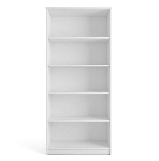 Open witte kledingkast met vijf planken en een witte achterwand.